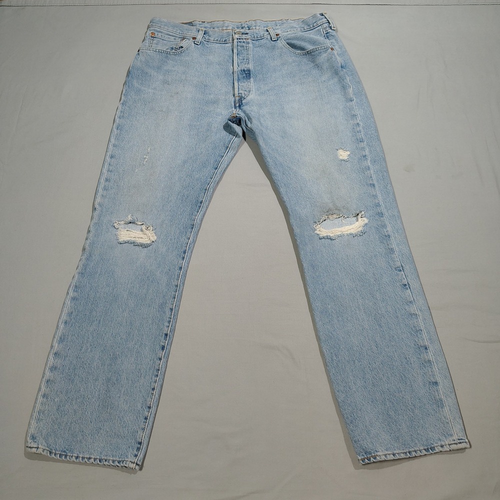 Levis Jeans Mens 38x32 Light Wash 501 Original Fit Distressed Ripped Denim